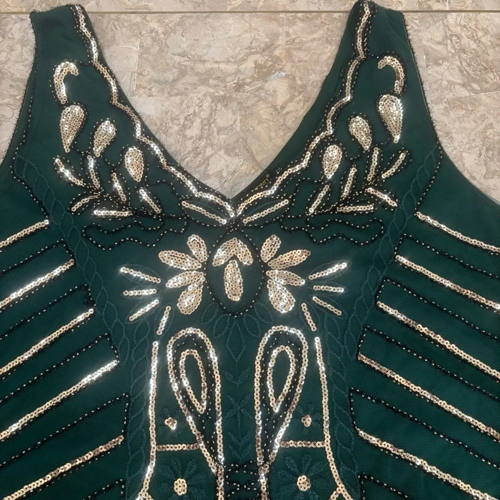 NWT BABEYOND Emerald & Gold Sequin Flapper Holiday Party Dress 3X-5XL Fringe - Picture 8 of 16